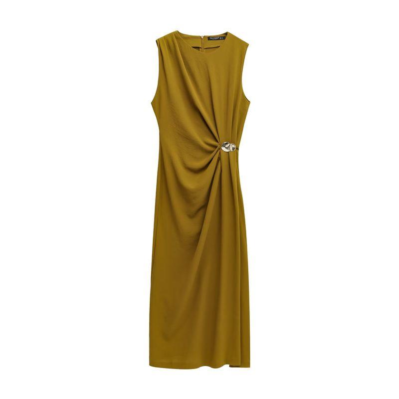 Kaslead New Arrival Women's Clothing Fashion Style Ruched Decorative Round Neck Sleeveless Midi Skirt Dress 5029067