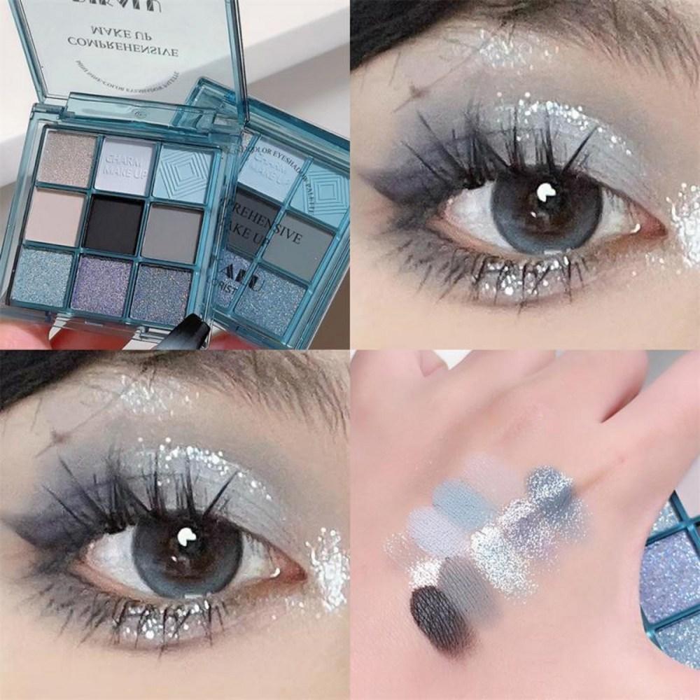 Pearl Eyeshadow Punk Blue Eyeshadow Palette Matte Smoky Black Eye Shadow Shimmer Glitter Cosmetics Pearlescent Makeup 9 Colors, 06 03