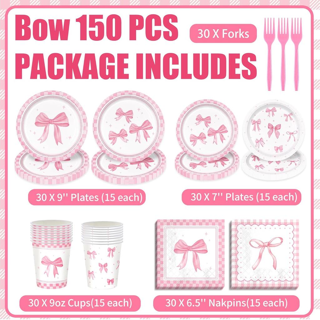 150pcs Pink Bow Party Supplies Bow Birthday Plates Napkins Paper Cup Fork Bow Birthday Decorations for Girl Bachelorette Bridal Engagement Coquette