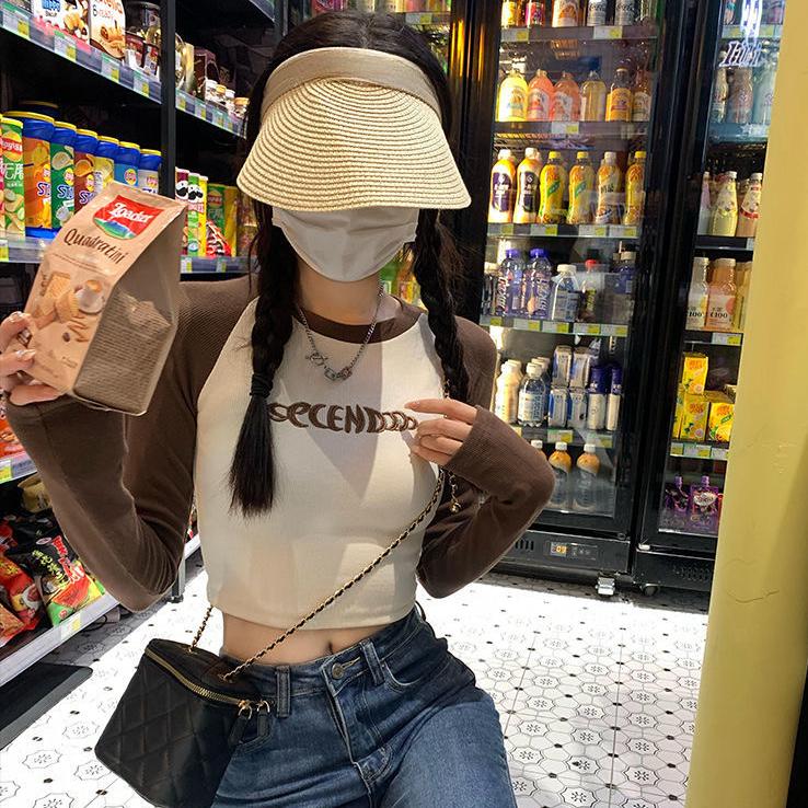 Футболка с буквенным принтом, женские весенние лоскутные топы с длинными рукавами, модные укороченные топы контрастного цвета в стиле ретро, популярные футболки Kpop Skinny Y2K