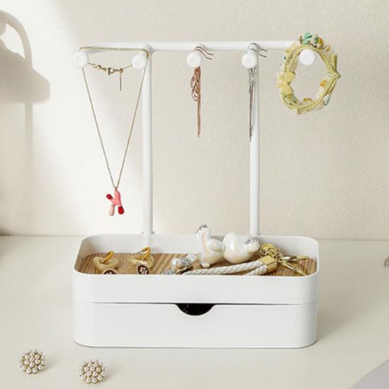Стойка-органайзер для ювелирных изделий с 5 крючками, подставка для ожерелья с деревянным подносом, противоскользящая конструкция, стойка для ожерелий, браслетов, серег