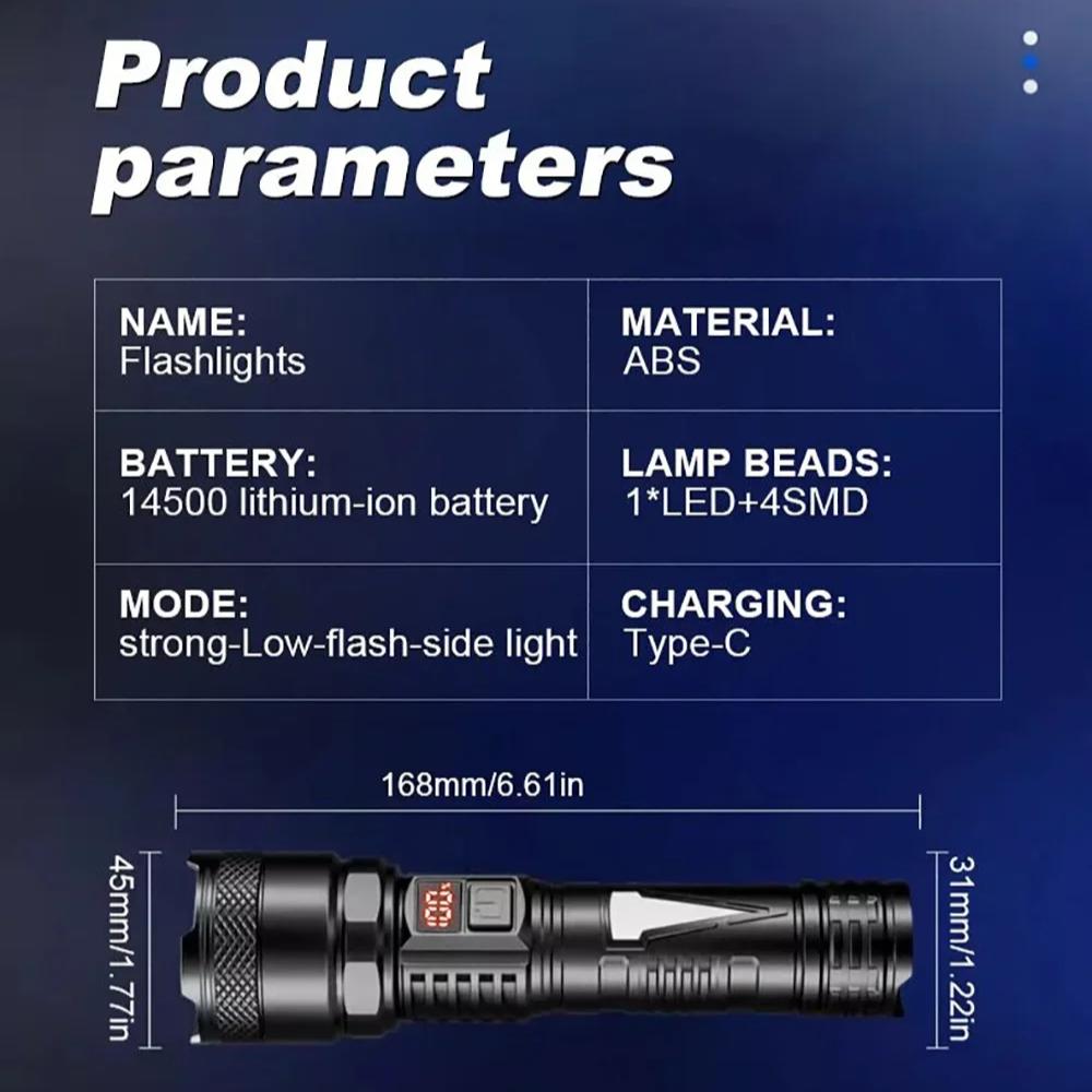 Улучшенный сверхъяркий фонарик с USB-подзарядкой, с боковой лампой, встроенным аккумулятором, фонарь для использования на открытом воздухе, в чрезвычайных ситуациях, в кемпинге