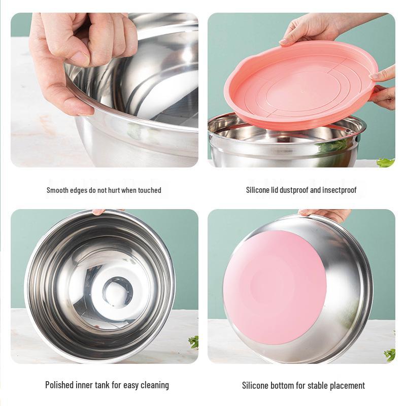 Non-Magnetic Stainless Steel Salad Bowl with Silicone Non-Slip Base and Lid – Perfect for Mixing, Baking, and Dough Kneading