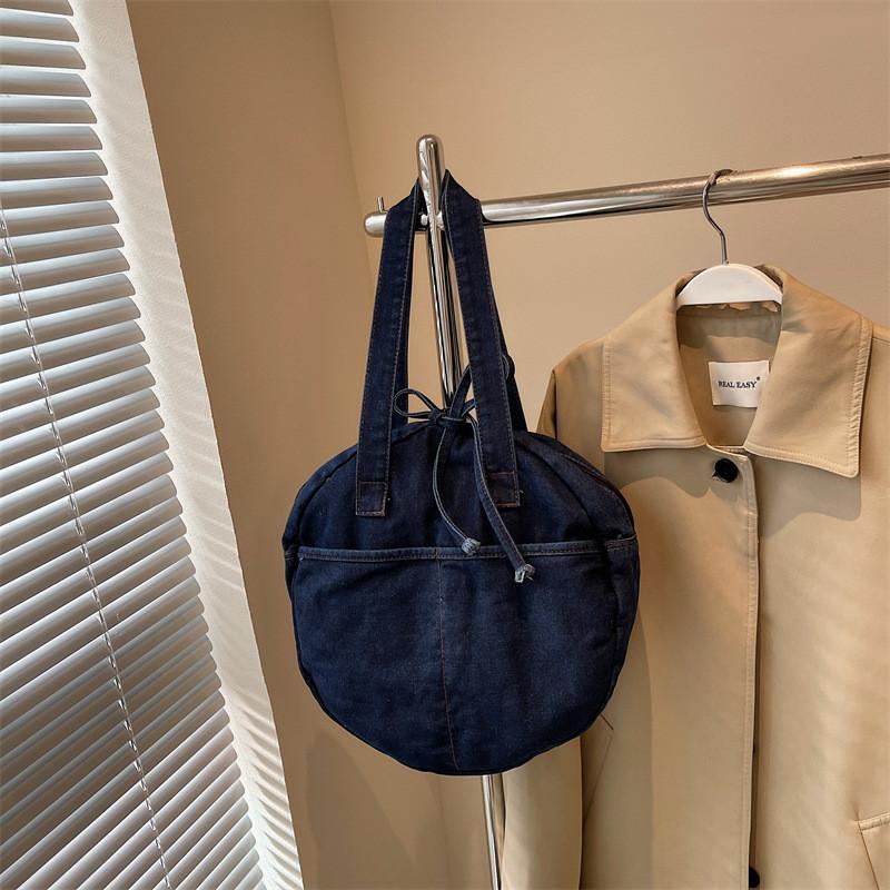 Bow Round Shape Denim Bag For Women Streetwear Fashion Large Capacity Casual Purse