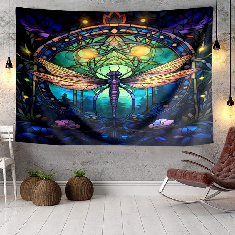 Stained Glass Dragonfly Garden Tapestry, Unique Design Tapestry, Wall Decor for Bedroom,Livingroom, Playroom,Heartwarming Fan Holiday Gifts