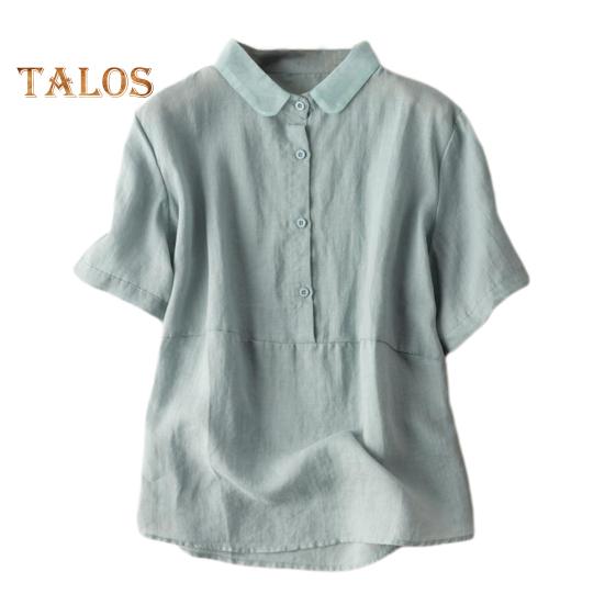 Женская повседневная рубашка с кукольным воротником и пуговицами, рубашка с коротким рукавом и однобортной однобортной однотонной рубашкой свободного покроя