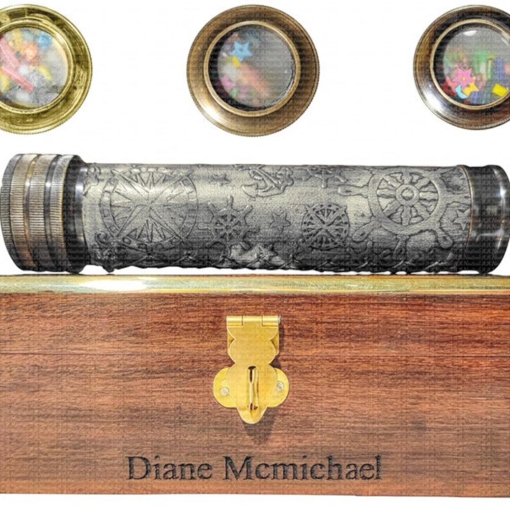 Custom Multicolor Brass Kaleidoscope with Leather and Wood Box Personalized Gift for Dads Men Women, Kids Birthdays, Christmas Decor (Gray)