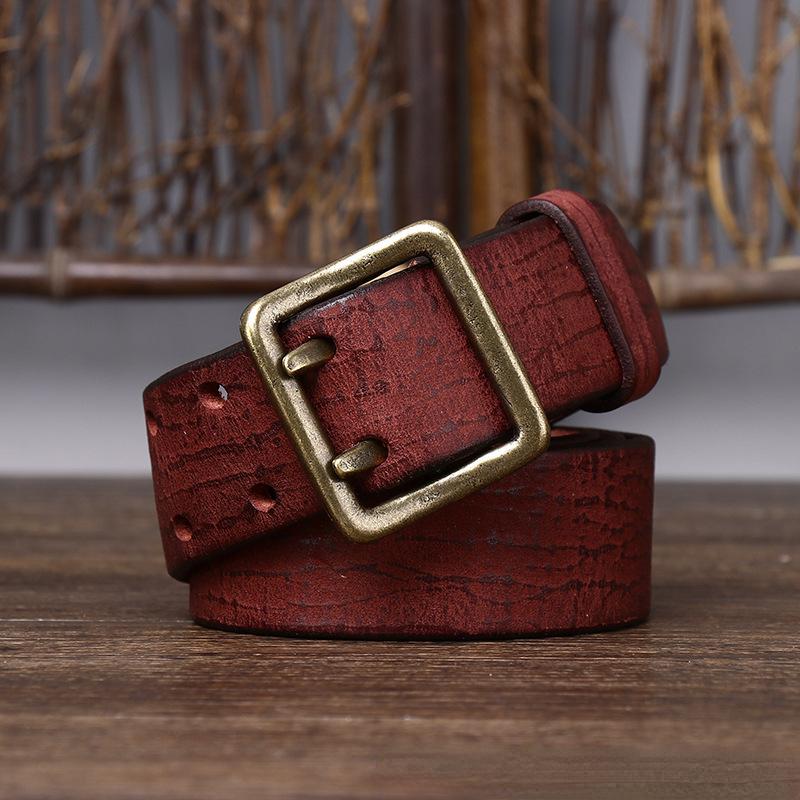 Ремень мужской в ​​корейском стиле, ретро, ​​потертый, модный, уникальный, с двойной иглой, латунная пряжка, натуральная кожа, джинсовый ремень из натуральной яловой кожи