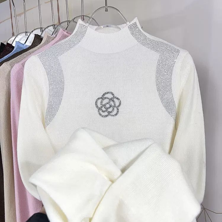 Женский свитер с полувысоким воротником и стразами, однотонный, эластичной вязки, пуловер, осень, зима