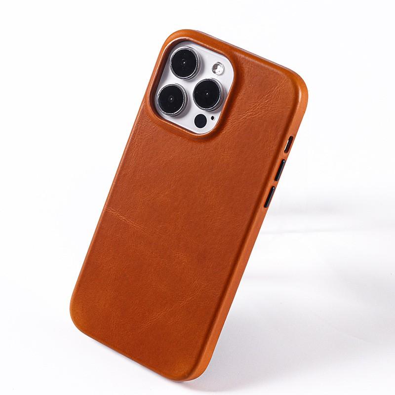 Genuine Leather IPhone 14 13 Pro Max Case With Magnetic Snap Handmade Crazy Horse Texture Back Cover