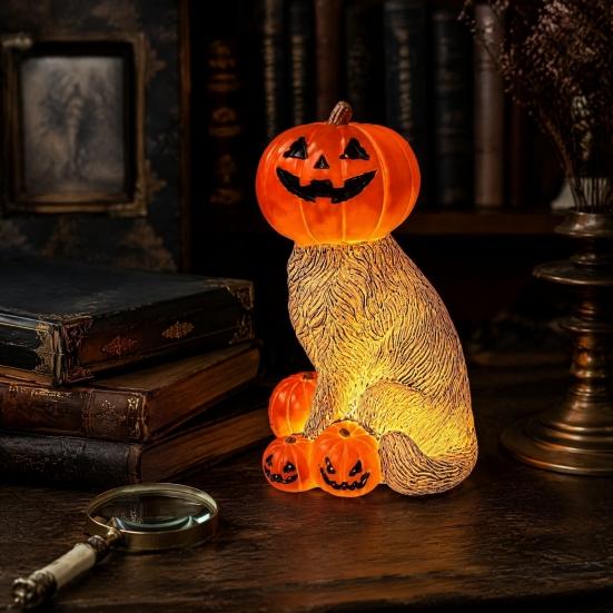 Cute Spooky Tabletop Decor Lighted Pumpkin Cat Figurine, Halloween Resin Sculpture, Creative Fall Home Decoration Autumn Ornament for Indoor