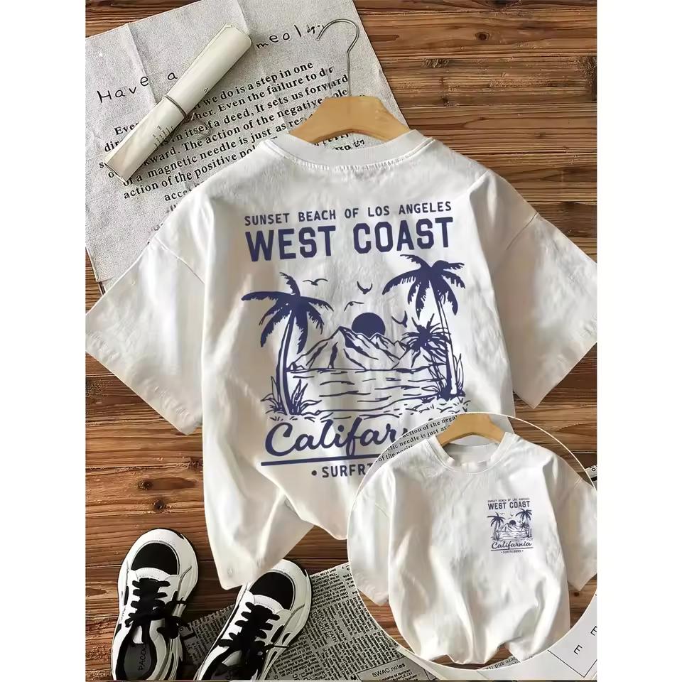 West Coast Style Cotton T-shirt with Palm Tree Pattern, 2026, Men's and Women's Casual Fashionable Short Sleeve Shirt