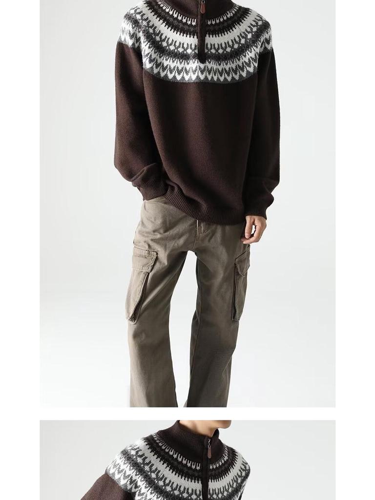 Мужской ретро вязаный свитер с жаккардовым узором и молнией на половину - Осенне-зимний стиль