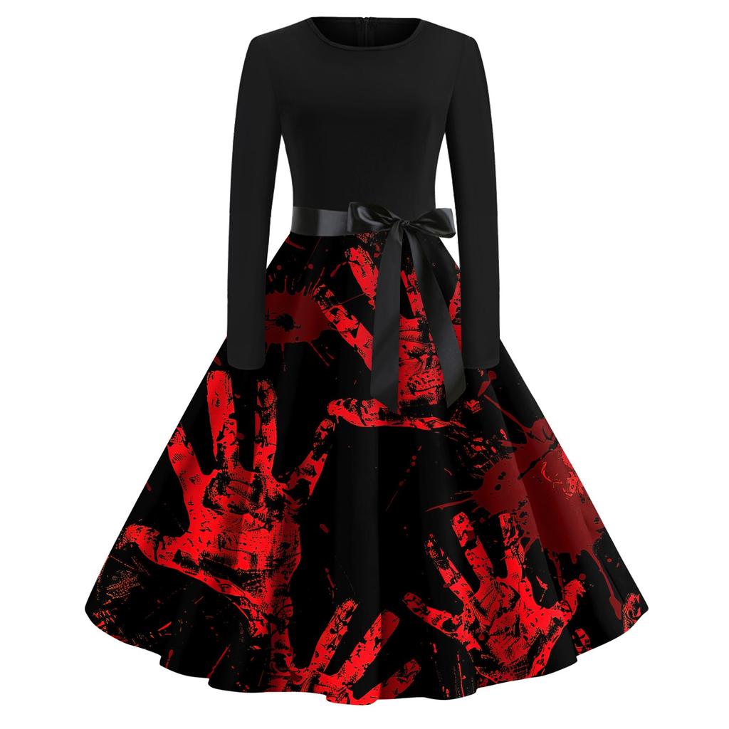 Платье-клеш с принтом на Хэллоуин для женщин с длинным рукавом, повседневные платья с круглым вырезом и ажурной отделкой
