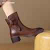 2024 New Women Genuine Leather Ankle Boots Round Toe Square Heeled Mature Shoes Woman Autumn Winter Office Lady Chelsea Boots