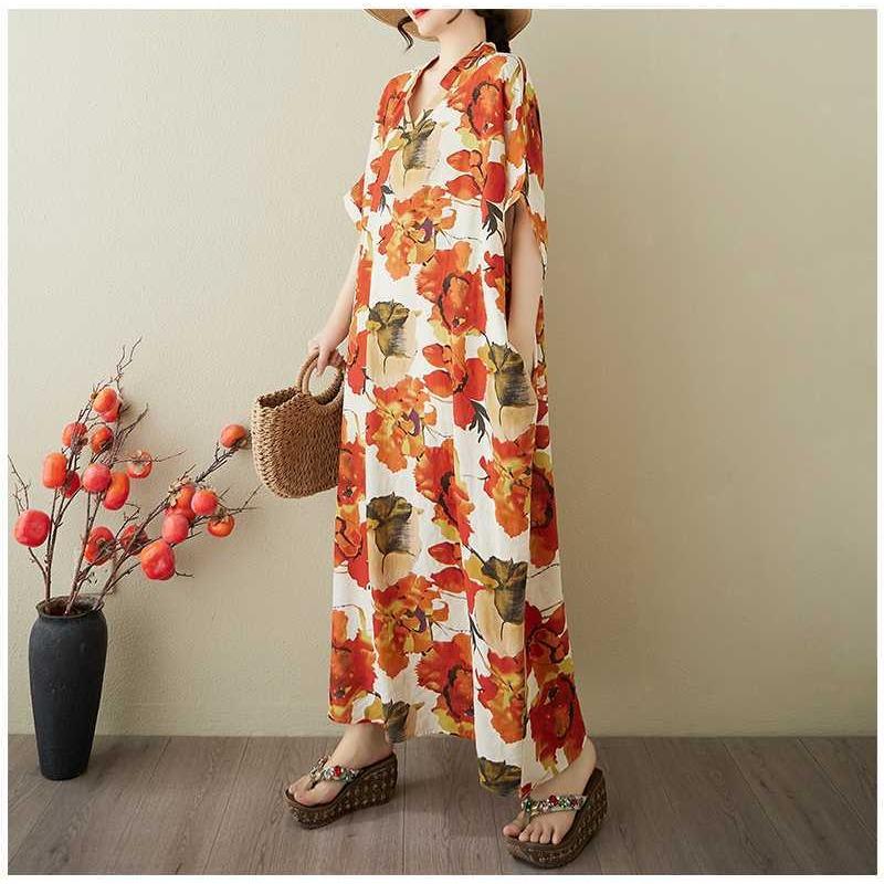 Women's Vintage Long Dress with Cotton and Linen Patterns