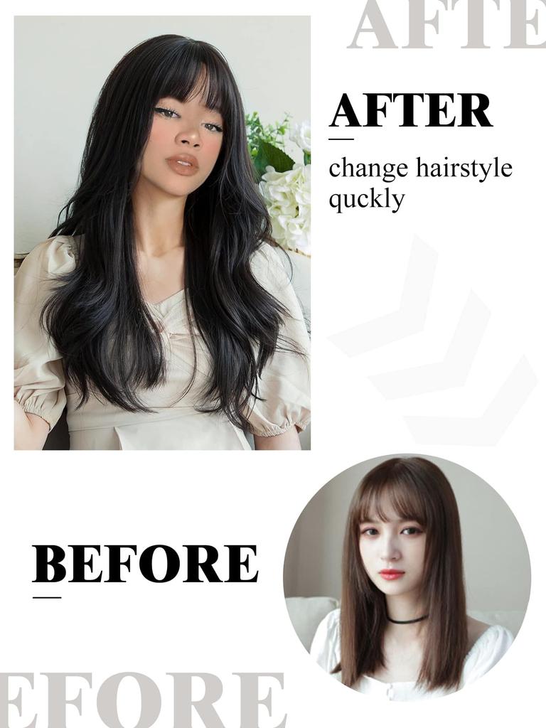 Синтетический парик Длинный натуральный волнистый ЧЕРНЫЙ 24-дюймовый парик с челкой Женский термостойкий парик из натуральных волос для повседневного косплея Хэллоуина Парики для вечеринок