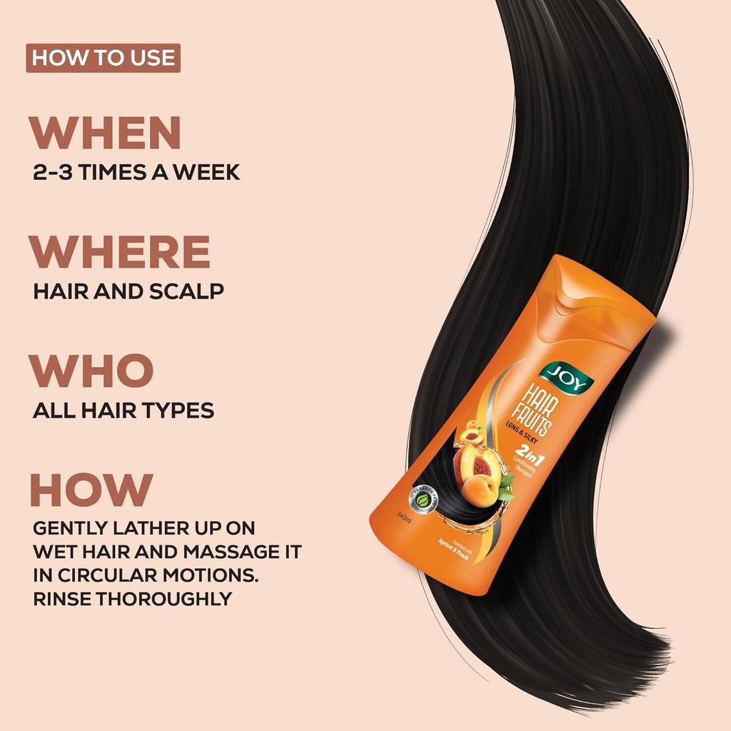 JOY Шампунь для кондиционирования волос Hair Fruits Long & Silky Абрикос и Персик 340 мл | Мягкие Блестящие Волосы, Увлажняющий и Питательный