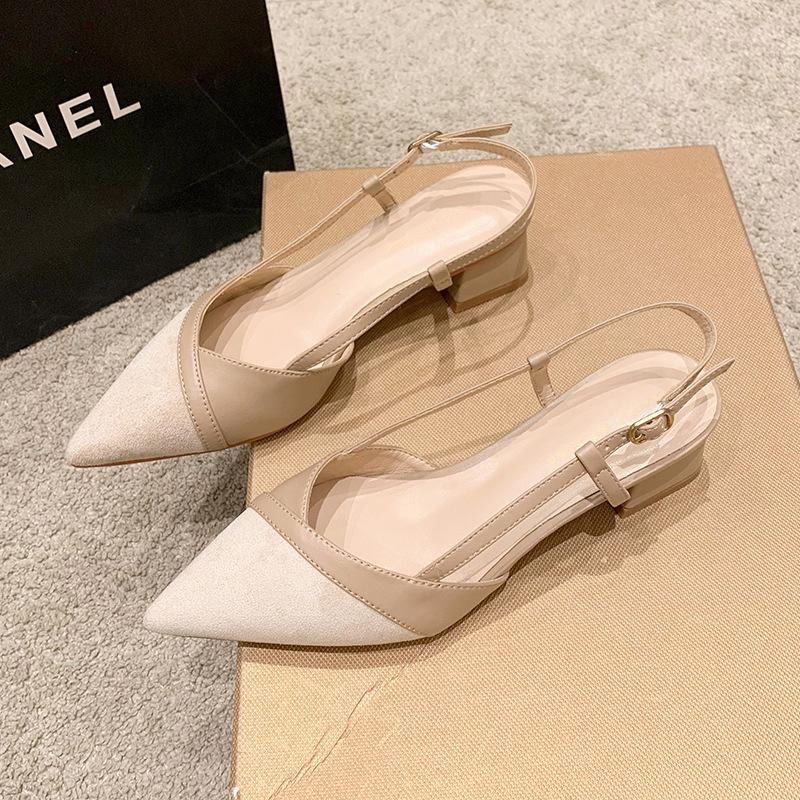 French Bag Head Sandals Pointed Toe with Nude High Heels Women's Summer New Thick Heel Single Shoes 5cm