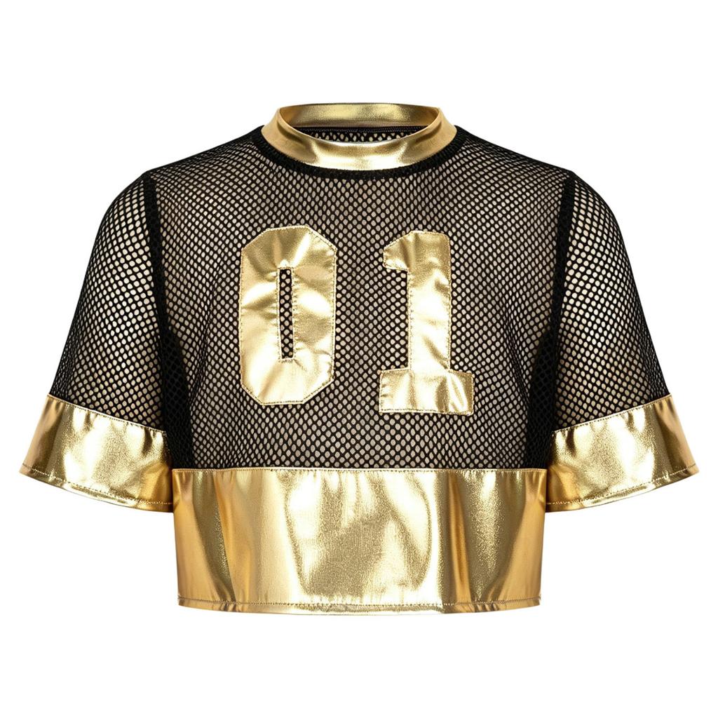 Girls Hollow Out Mesh Patchwork Metallic Crop Top Short Sleeve Number Graphic T-Shirt Hip Hop Dance