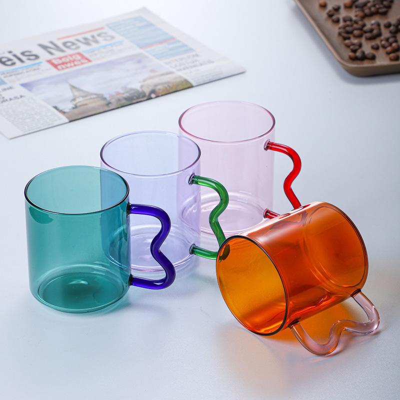 Colored Glass Cup with Wave Handle Coffee Breakfast Cup Large Capacity Milk Cup Microwaveable Cross-border