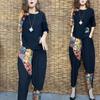 Women's Casual Suit Summer Fashion Plus Size Clothing Loose Cotton Linen Short SleeveTops Cropped Pants Two Piece Set