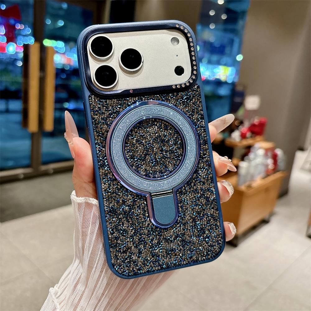 Fantasy Little Rhinestone Glitter Magnetic Stand Phone Case For iPhone 17 14 15 16 Pro Max Air 13 Shockproof Bumper Bling Cover
