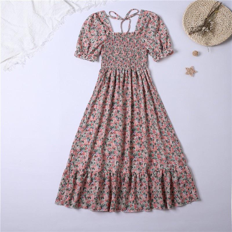 Spring Summer Pleated Women Square Collar Chiffon Dresses Casual Beach Holiday Short Sleeve Square Collar Woman Midi Dress Bohemian Mujer Vestidos