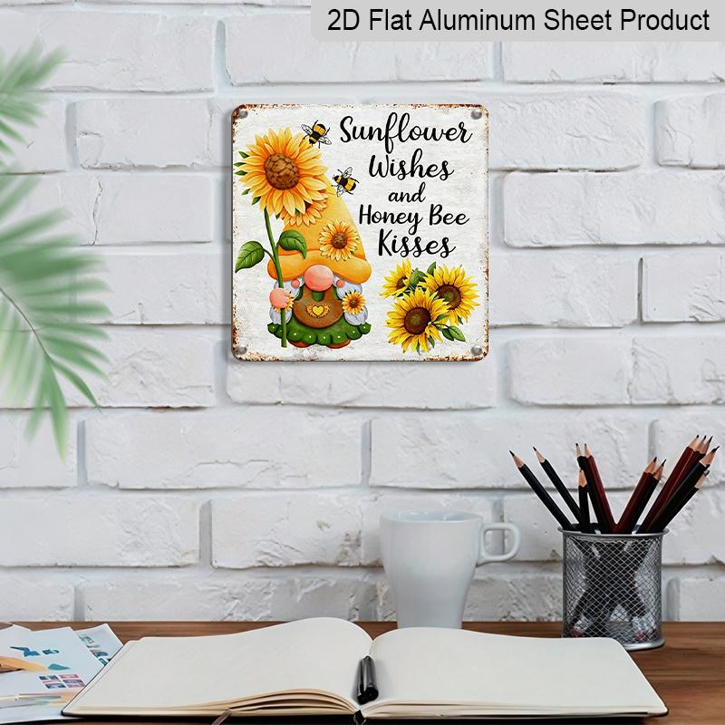 2D Flat, 1pc Vintage Aluminium Metal Sign, Outdoor Decorative Wall Sign, Retro Tin Sign Style, Kindness, "Sunflower Wishes and Honey Bee Kisses