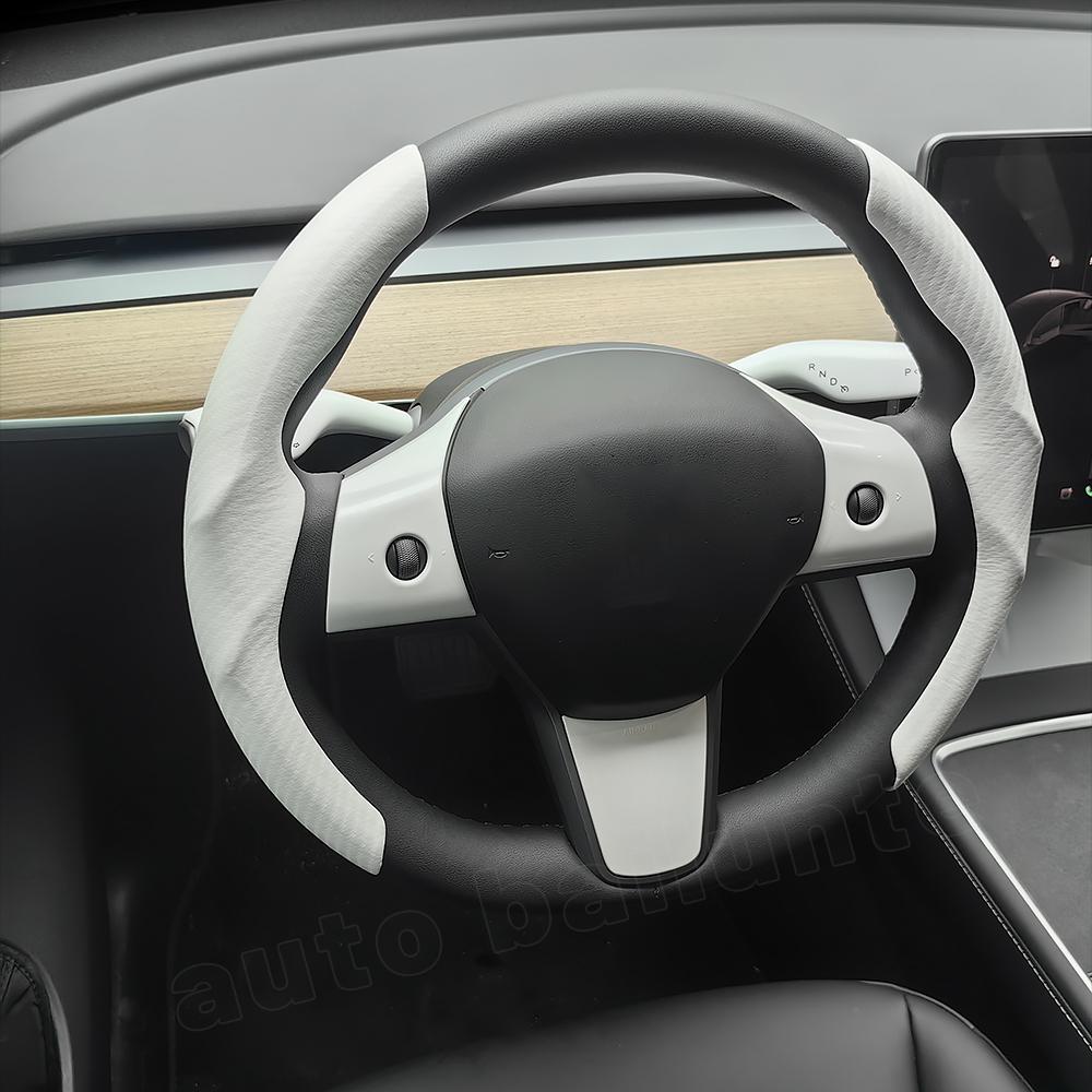 2pcs For Tesla New Model 3+Highland 2024 for Model Y/3 White Carbon Fiber Silicone Black Suede Car Steering Wheel Cover Non-Slip