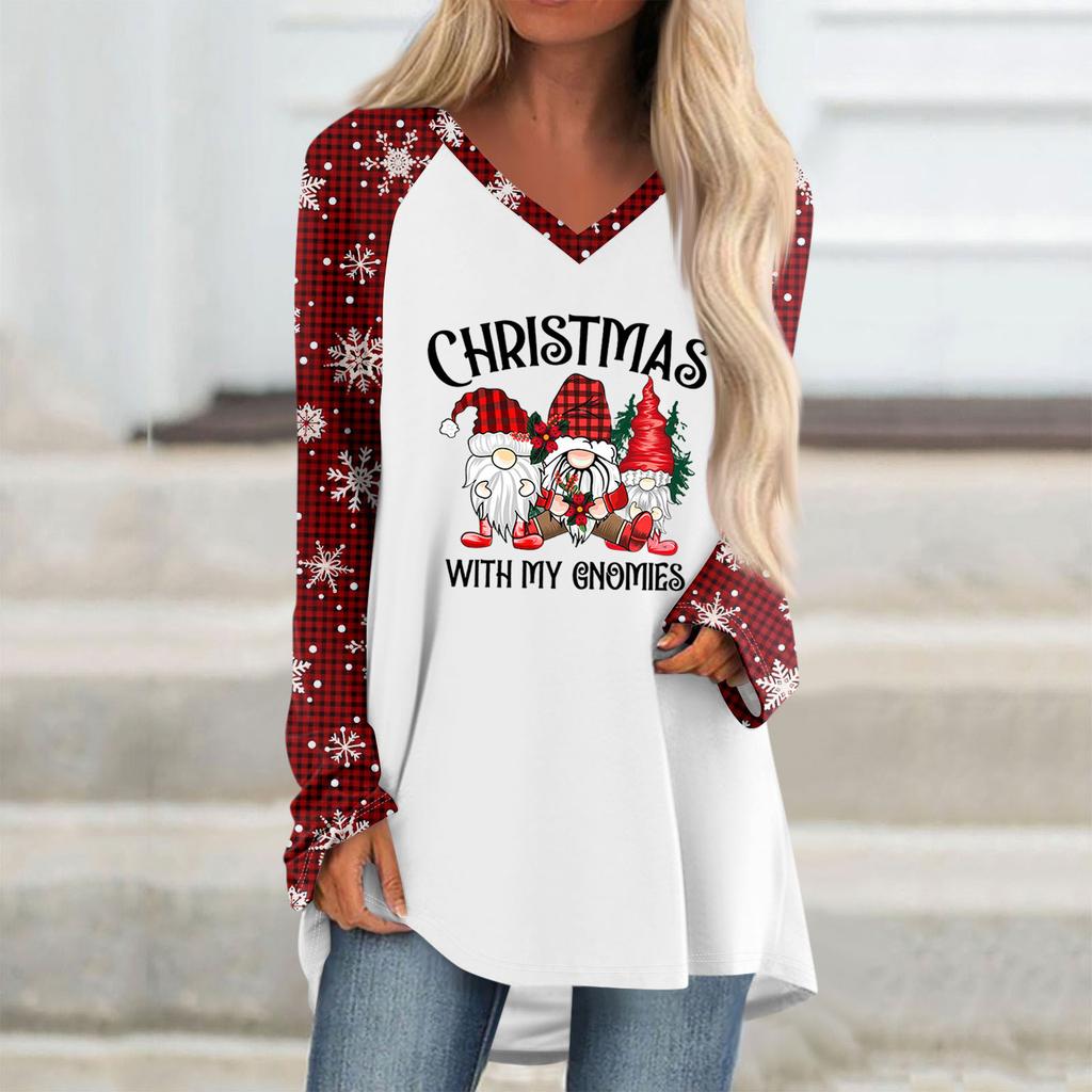 Женская и зимняя футболка с длинными рукавами и V-образным вырезом с рождественским принтом, повседневная длинная свободная футболка