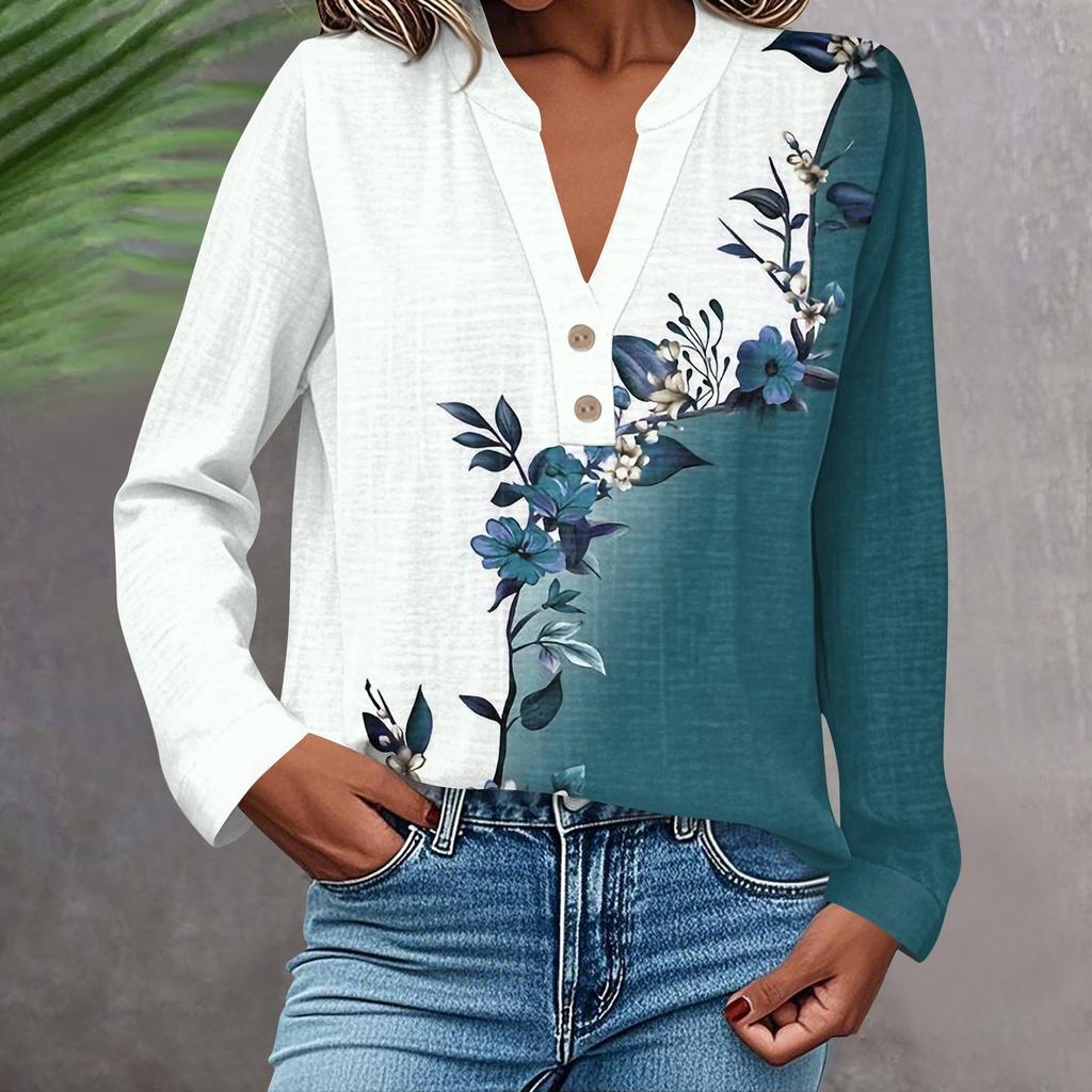 Женская модная и повседневная рубашка с длинным рукавом, V-образным вырезом, на пуговицах, с принтом, блузка, топ