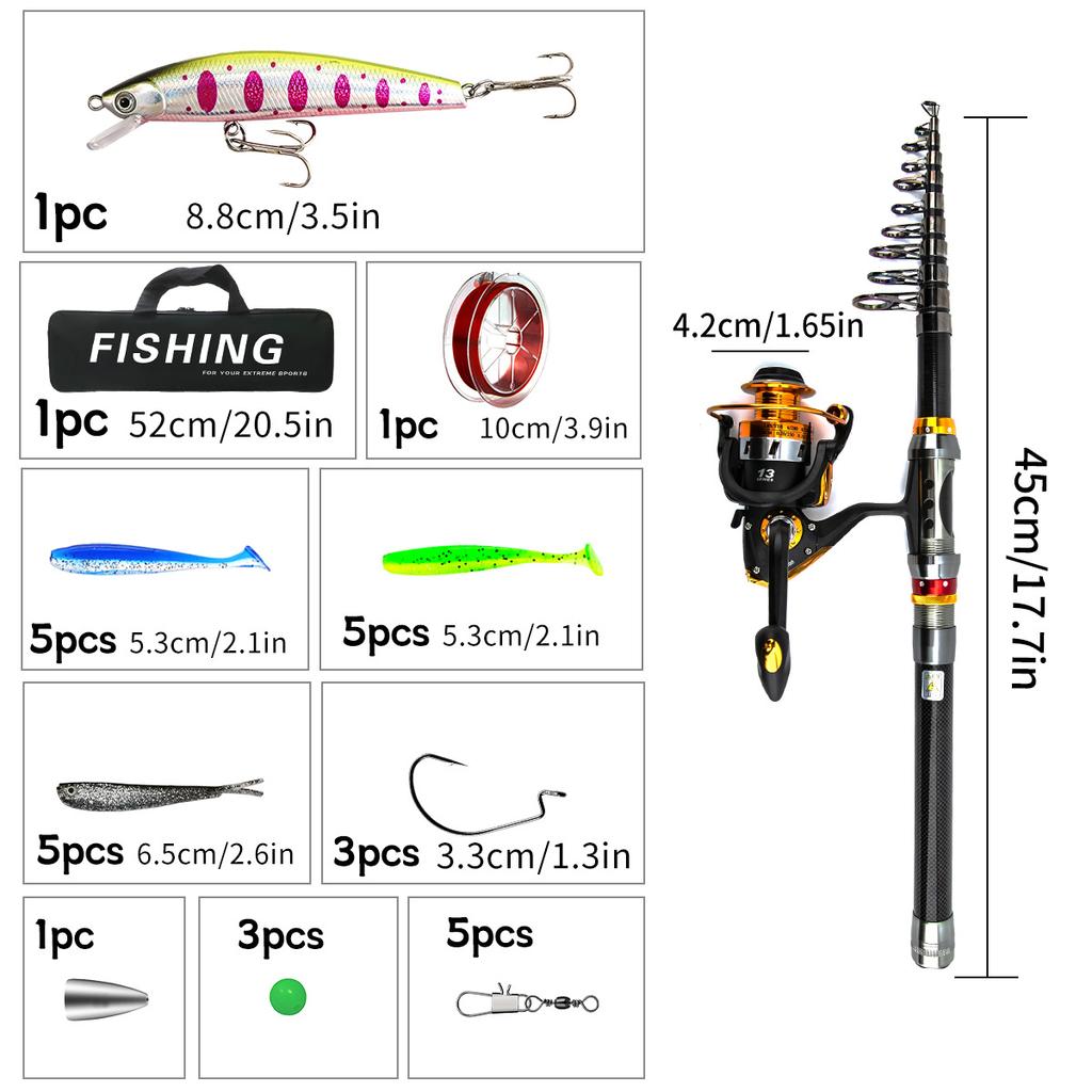 Набор портативных рыболовных снастей из углеродного волокна 5.5:Спиннинговая катушка с 1 передаточным числом, 1,8-3,6 м, удочка с прямой ручкой, крючок для наживки, комплект аксессуаров