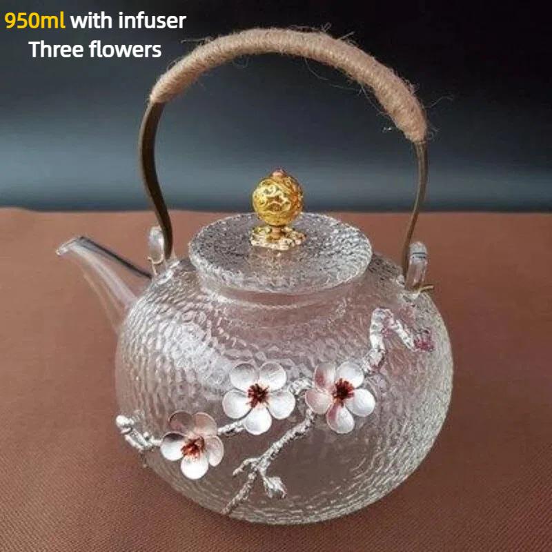 Чайник из термостойкого стекла ручной работы в китайском стиле с дизайном цветущей сливы – Жаропрочный чайник для цветочного чая с верхней ручкой