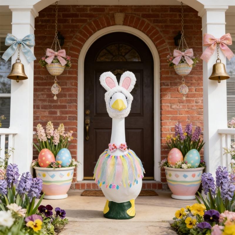 Easter Porch Geese Dress Costume with Dress Hat Bowtie Porch Geese Statue Outfit For Garden Yard Festival Decoration