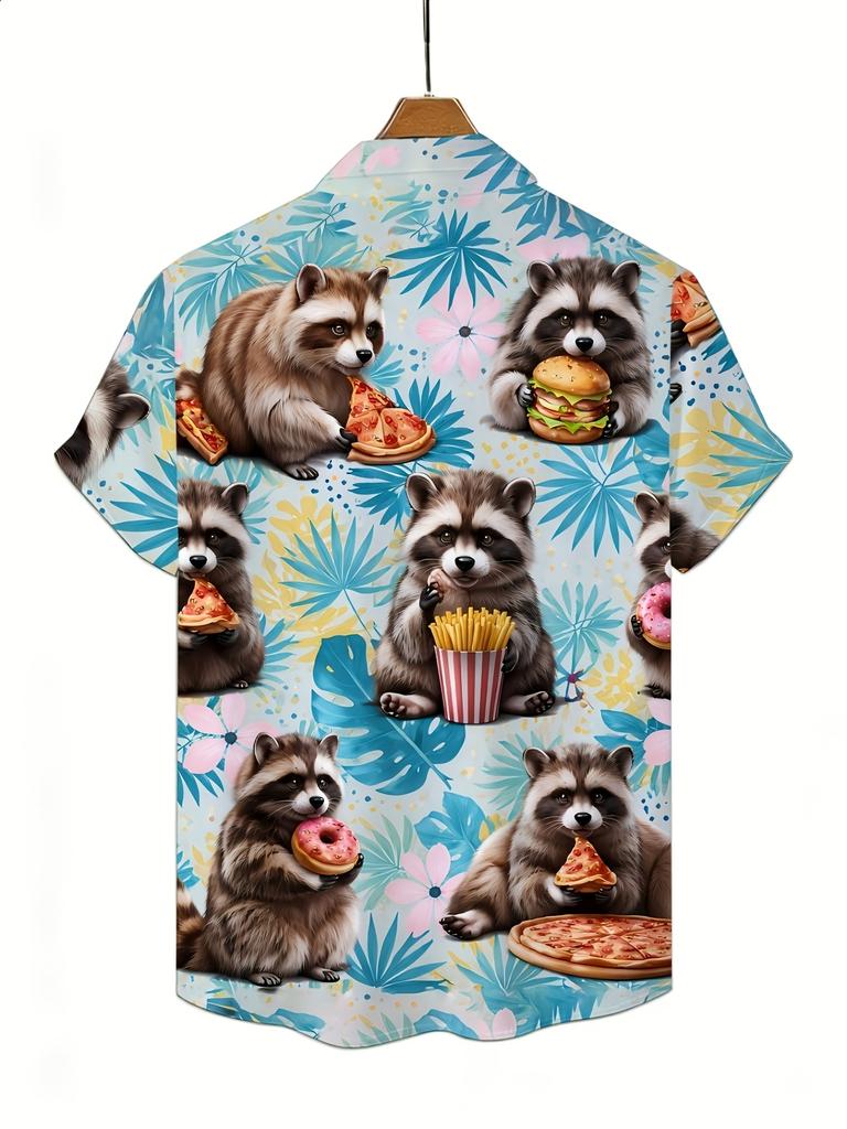 Men's Foodie Raccoon Short-Sleeve Shirt, Fun and Trendy Cool Style, All-Over Cartoon Raccoon and Food Print Loose Fit Top, Suitable for Streetwear,