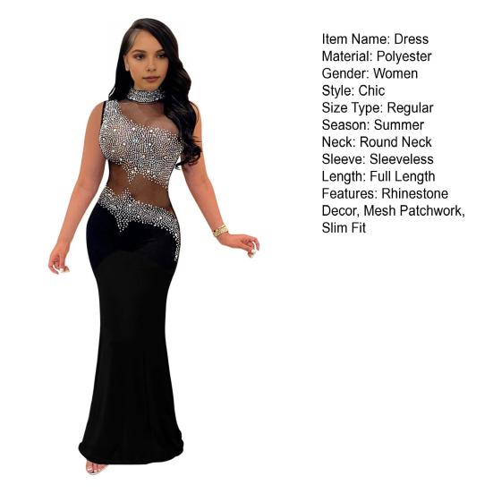 Lady Evening Dress Rhinestone Decor Mesh Patchwork Sleeveless Skinny Round Neck Wedding