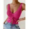 New Summer Women Drawstring Front Ribbed Knit Tops Femme Sexy V Neck Sleeveless Crop Top Clothes High Stretch Split Cropped Tank