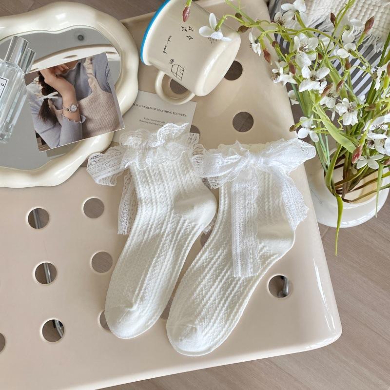 Женские весенне-летние носки с милым кружевным краем и бантом в рубчик