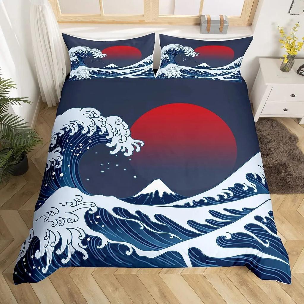 Japanese Wave Duvet Set Three-Piece Set, Japanese Traditional Painting Sea Theme Bedding Set