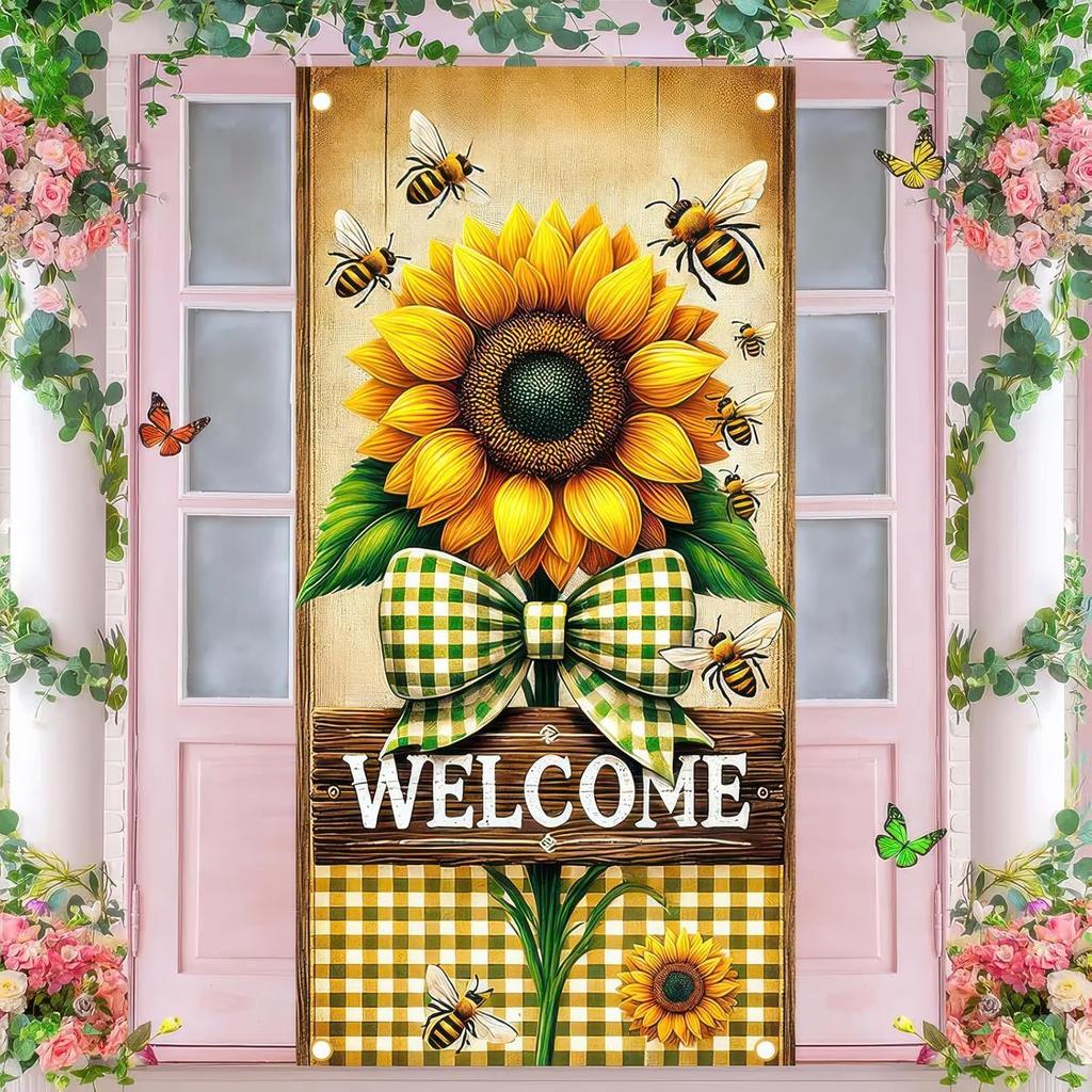 Spring Sunflower Door Cover Welcome Spring Decorations Theme Party Photo Background Bee Flower Bow Backdrop Photography 35 x 70 in Spring Party