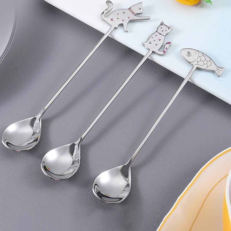Cute Paintings Cat 304 Stainless Steel Spoon Hollow For Coffee Tea Dessert Spoon Kitchen Tableware Gifts For Students Children