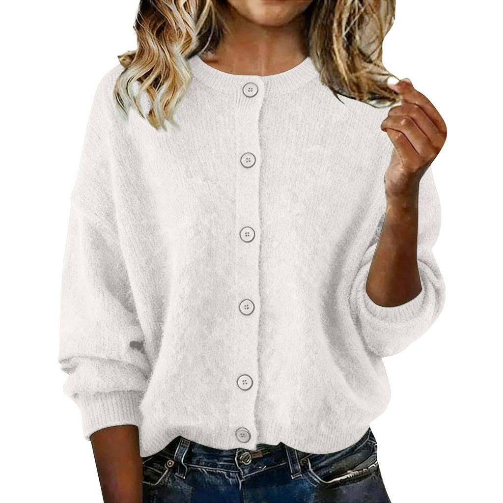 Autumn and winter women's knitted round neck long-sleeved solid color casual fashion knitted cardigan