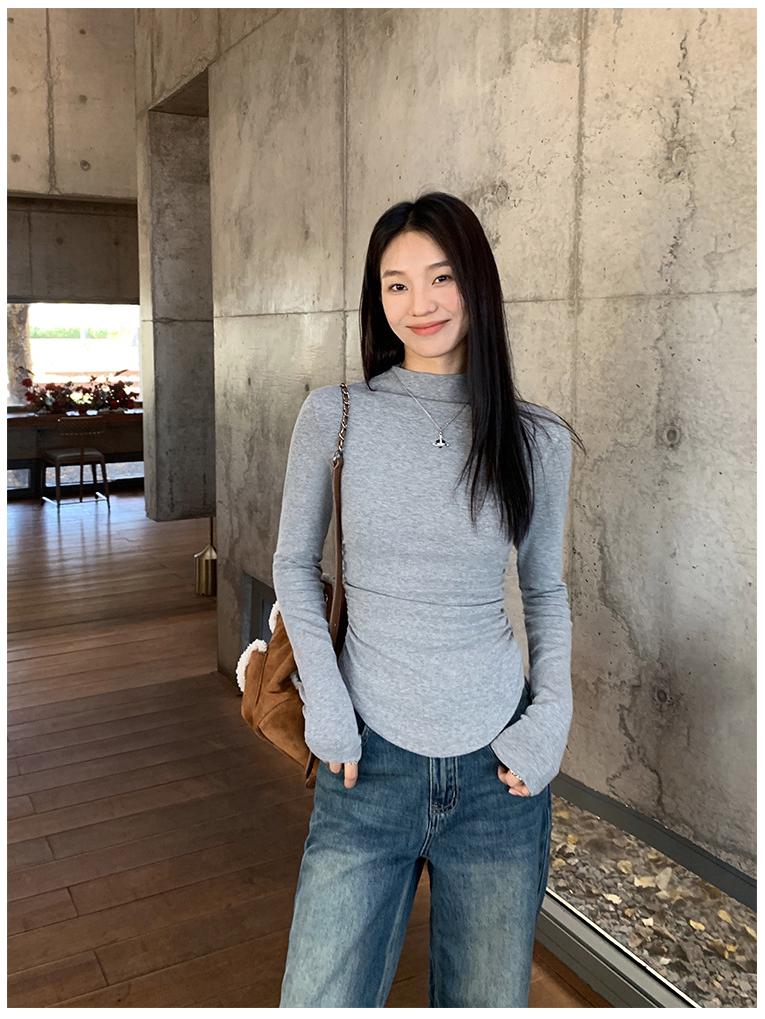 Женская облегающая бархатная плиссированная многослойная рубашка - воротник-стойка, длинный рукав, короткий стиль для осени/зимы