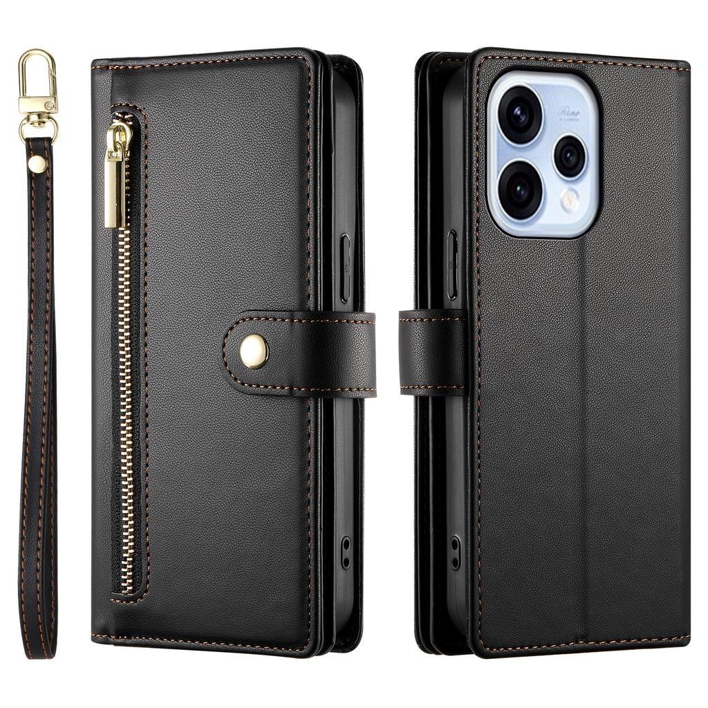 For Oppo Reno15 5G (Global) / Reno15c 5G (China) Leather Case Zipper Pocket Wallet Phone Cover with Straps