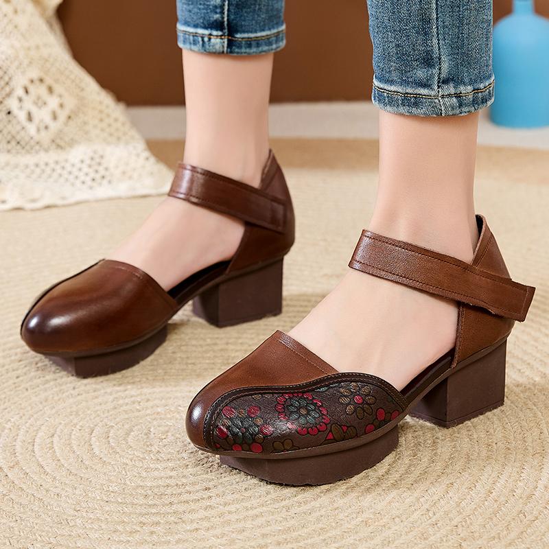 Fashion GKTINOO 2025 New Women Sandals Summer Genuine Leather Thick Heels Sandals Ethnic Style Round Toe Casual High Heel Mom Shoes