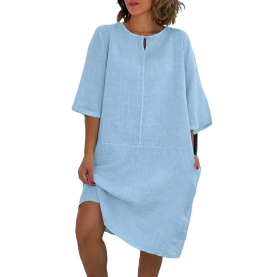 Женское свободное платье-рубашка из хлопка и льна, повседневное платье миди с рукавом 1/2 и круглым вырезом, летний пляжный сарафан для отдыха