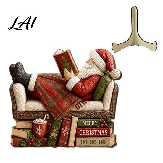 Rustic Christmas Door Sign Wooden Table Sign 2D Flat Santa Claus/Snowman Reading Desktop Ornament Festival Atmosphere Decor with Stand Holiday