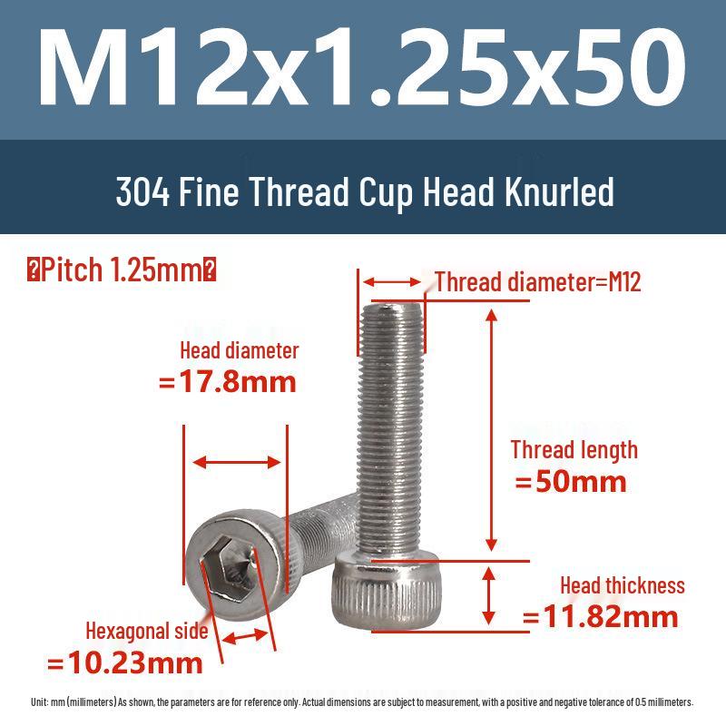 Yigu Fine Thread Knurled Socket Head Screws, 304 Stainless Steel, M3-M12