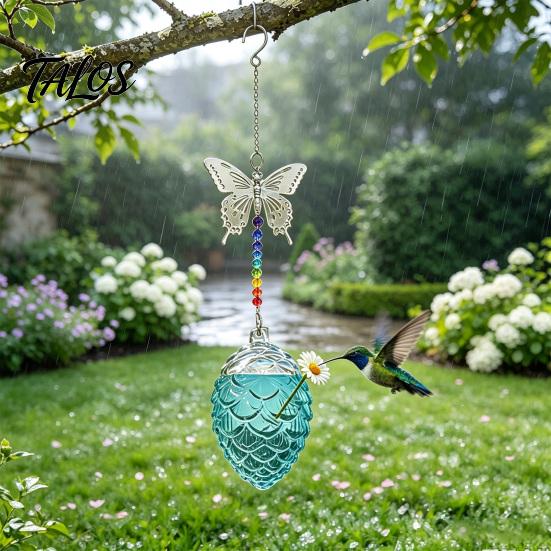 Backyard Bird Watching Gift Pine Cone Shape Glass Hummingbird Feeder with Butterfly/Dragonfly Decor, Outdoor Hanging Weatherproof Garden Ornament